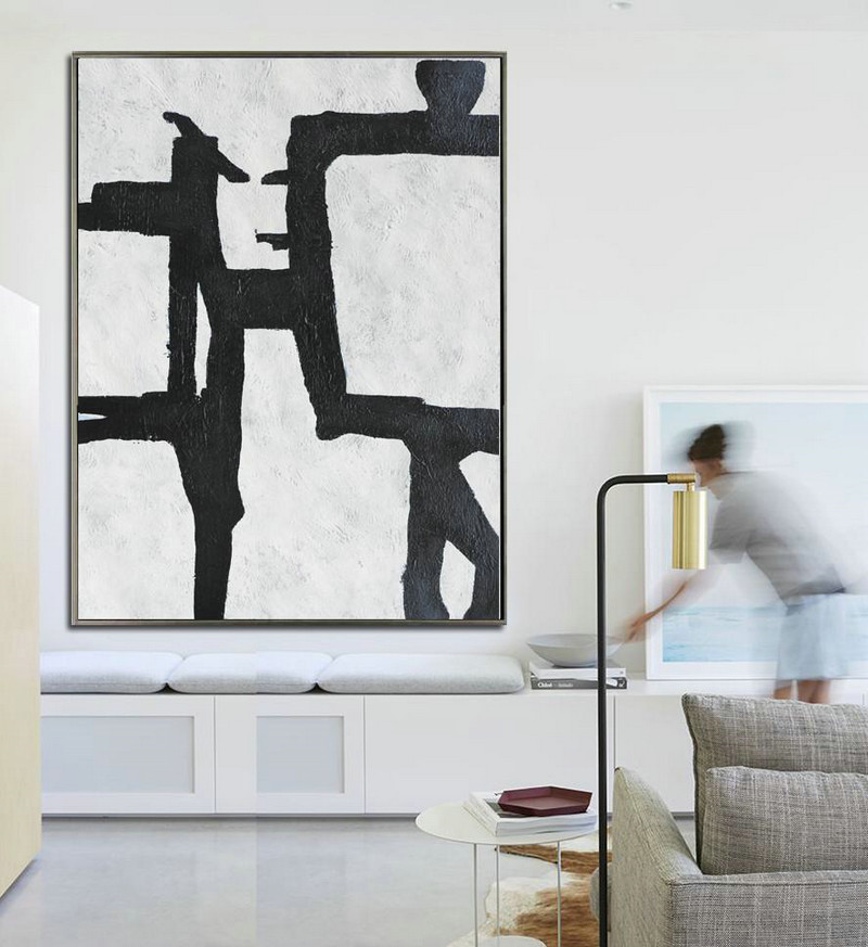 Original Extra Large Wall Art,Black And White Minimal Painting On Canvas - Lounge Wall Decor